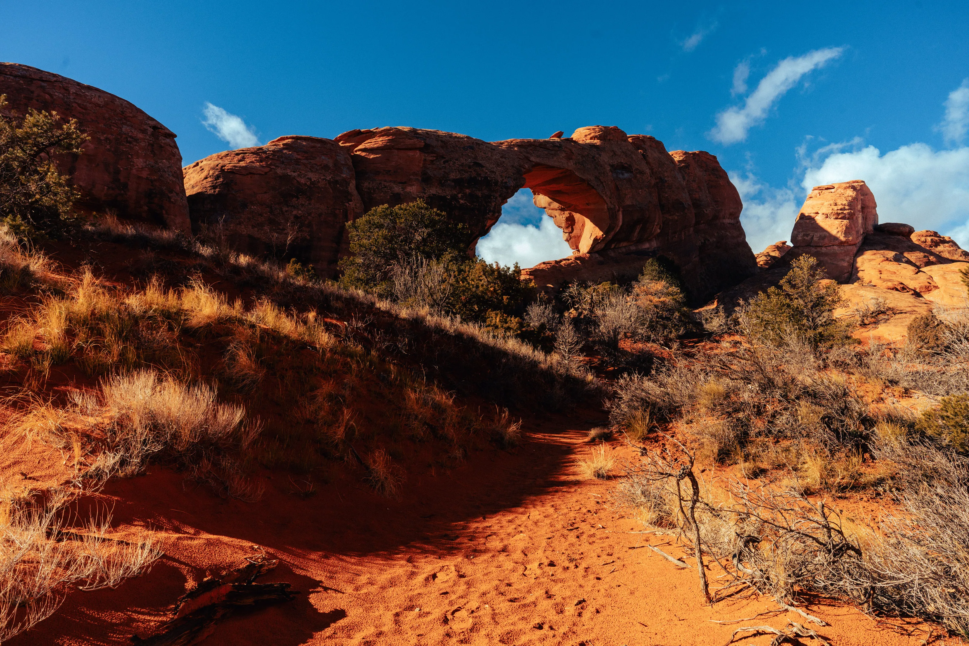 A natural sandstone arch on a ridge above a sandy trail and dry grass, under a blue sky.