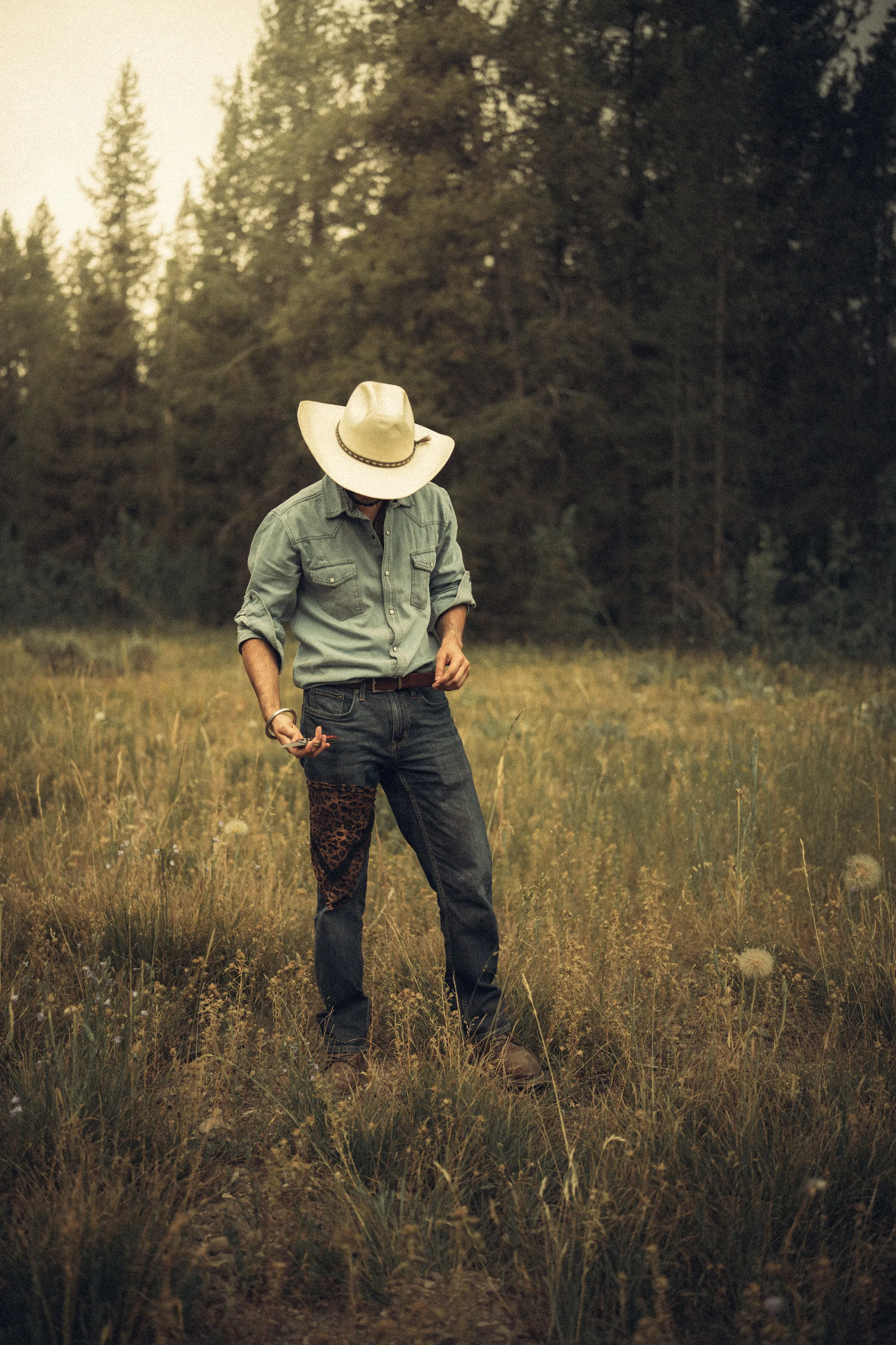 A man in a cowboy hat looks down, standing in tall grass at the forest edge.